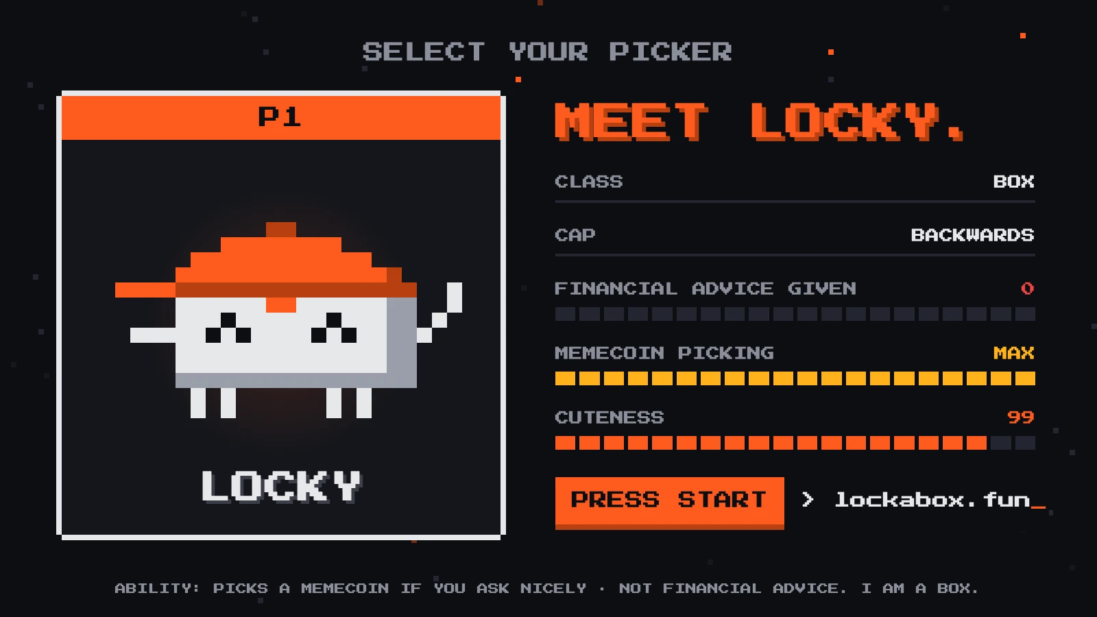 Meet Locky: a pixel box in a backwards cap, financial advice given: 0