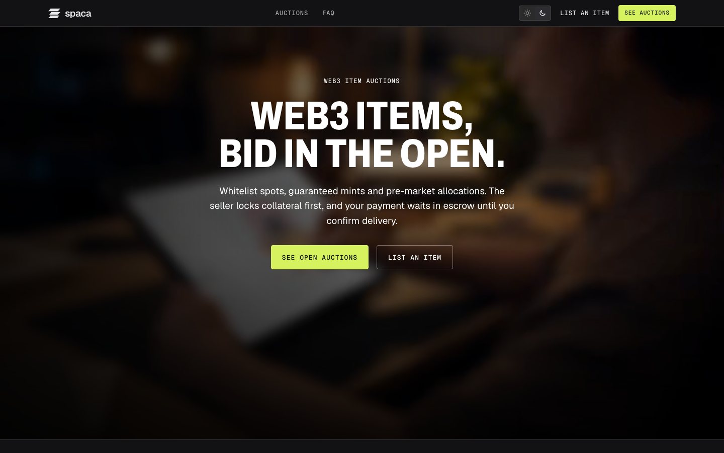 Spaca landing page: web3 items, bid in the open